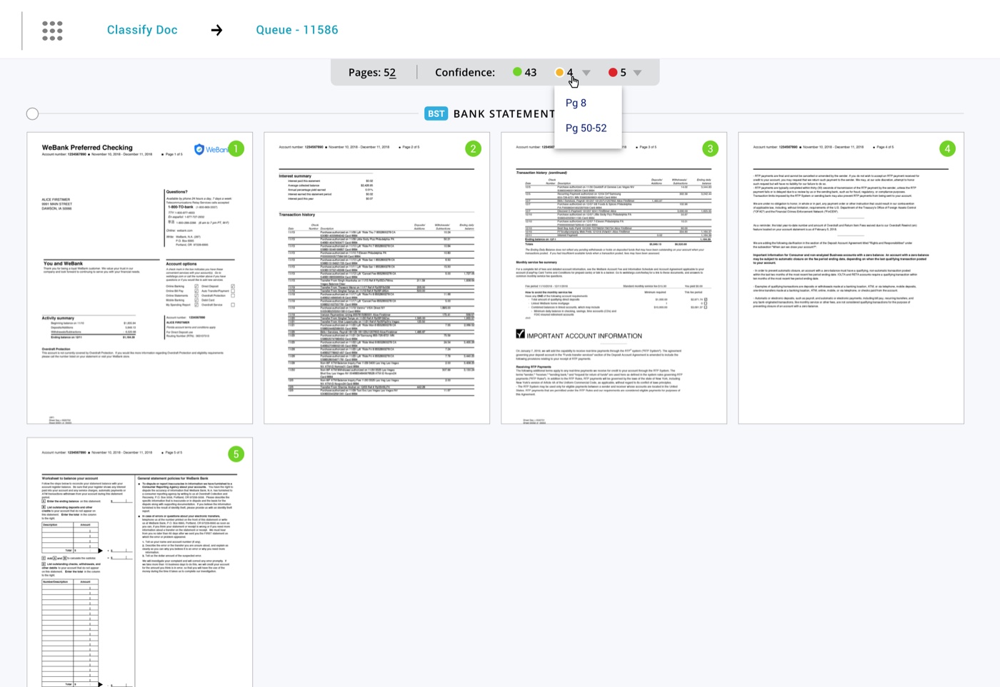 Redesigned Classify Documents — queue overview with confidence at a glance.