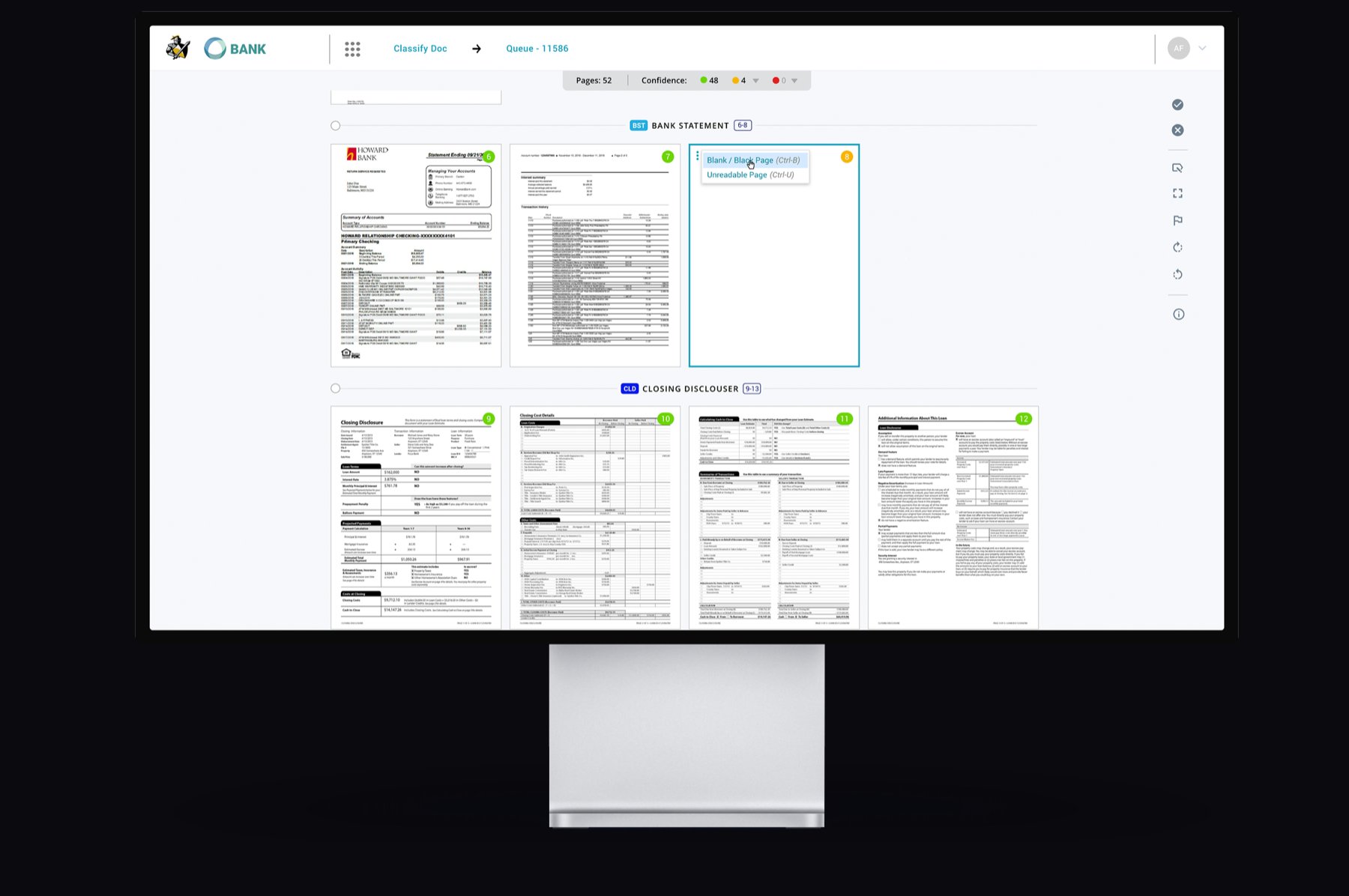 AIVA document classification queue — loan pages grouped by type with per-page confidence indicators