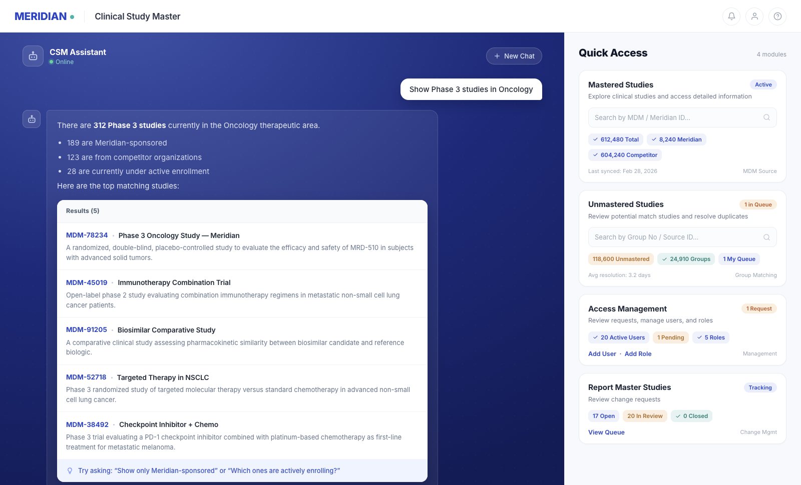 The CSM Assistant answering “Show Phase 3 studies in Oncology” with a short summary and five linked study results, beside the Quick Access panels.