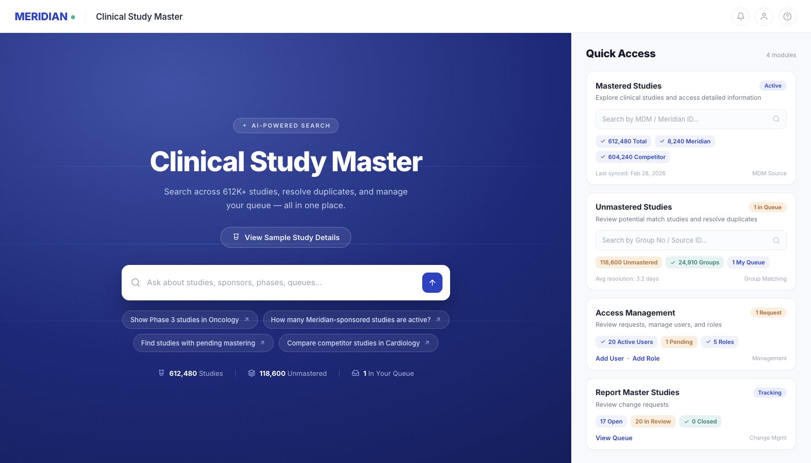 Clinical Study Master landing page — an AI-powered search bar with four suggested questions, beside Quick Access panels for Mastered Studies, Unmastered Studies, Access Management and Report Master Studies.