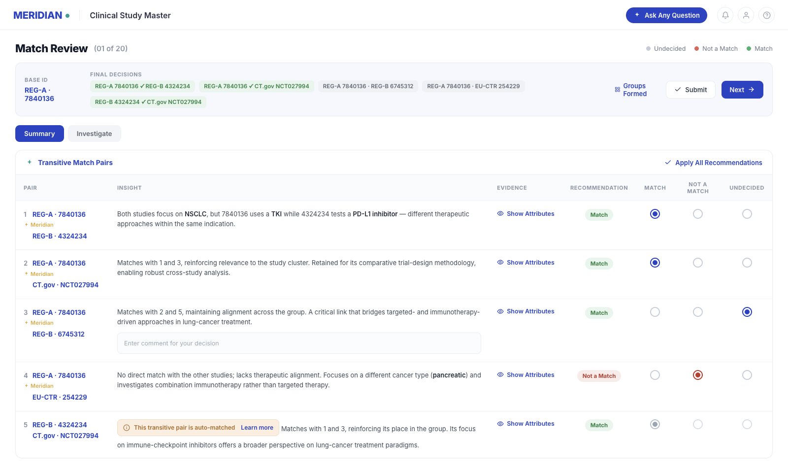 Match Review summary for base ID REG-A · 7840136 — five transitive match pairs, each with an insight, a Match or Not a Match recommendation, and Match, Not a Match and Undecided radio buttons.