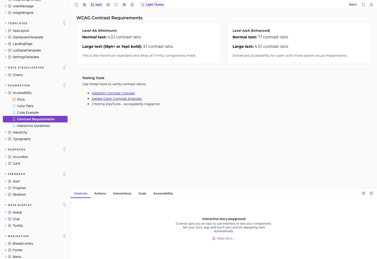 Accessibility foundations — the documented contrast requirements every component is held to.