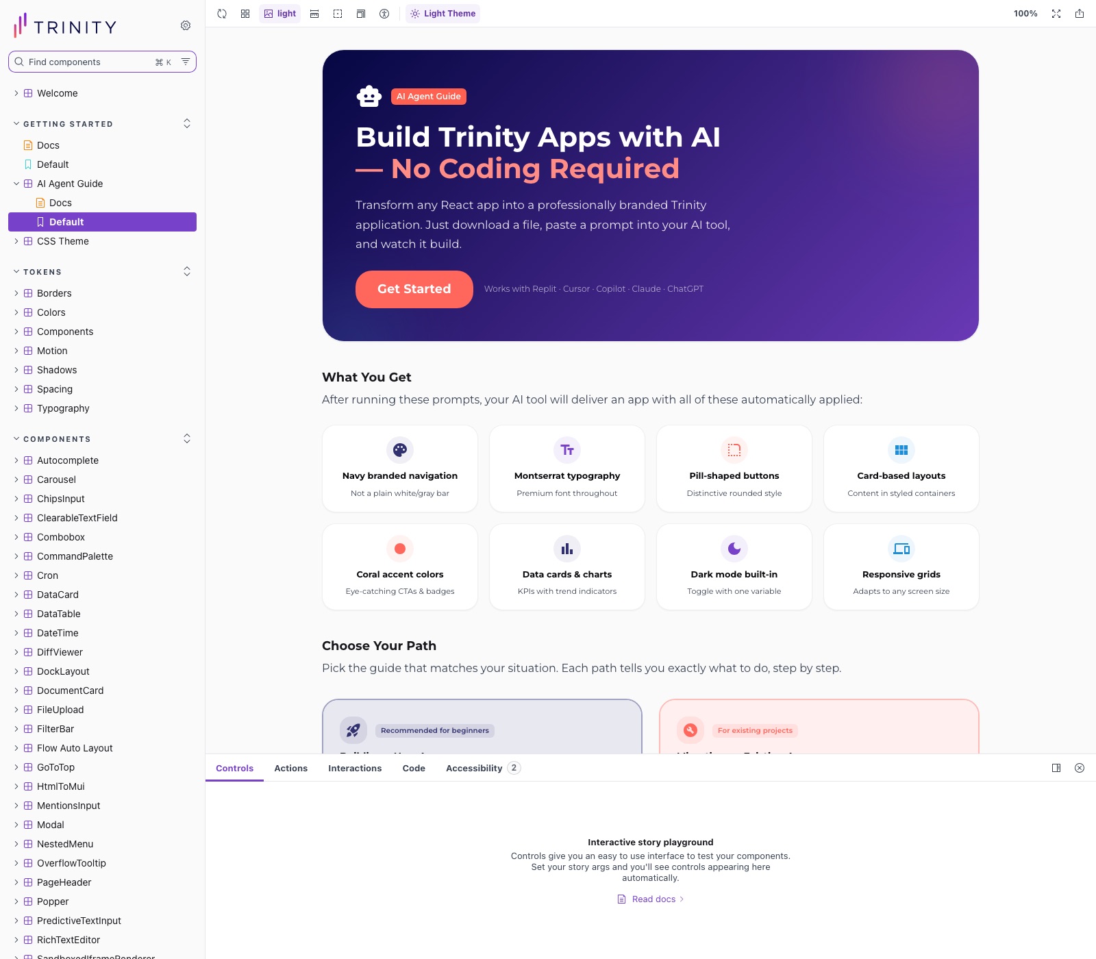 The AI Agent Guide in Storybook — build Trinity apps with AI, no coding required, listing what the prompts apply automatically: branded navigation, typography, button style, layouts, accent colours, charts, dark mode, and responsive grids.