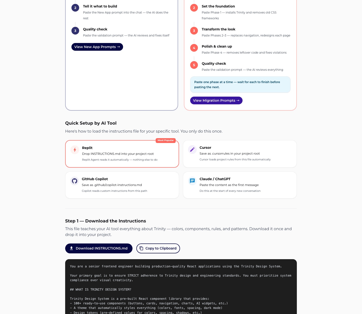 Per-tool setup instructions for Replit, Cursor, GitHub Copilot, and Claude or ChatGPT, above a download and copy-to-clipboard control and the opening lines of the instructions file itself.