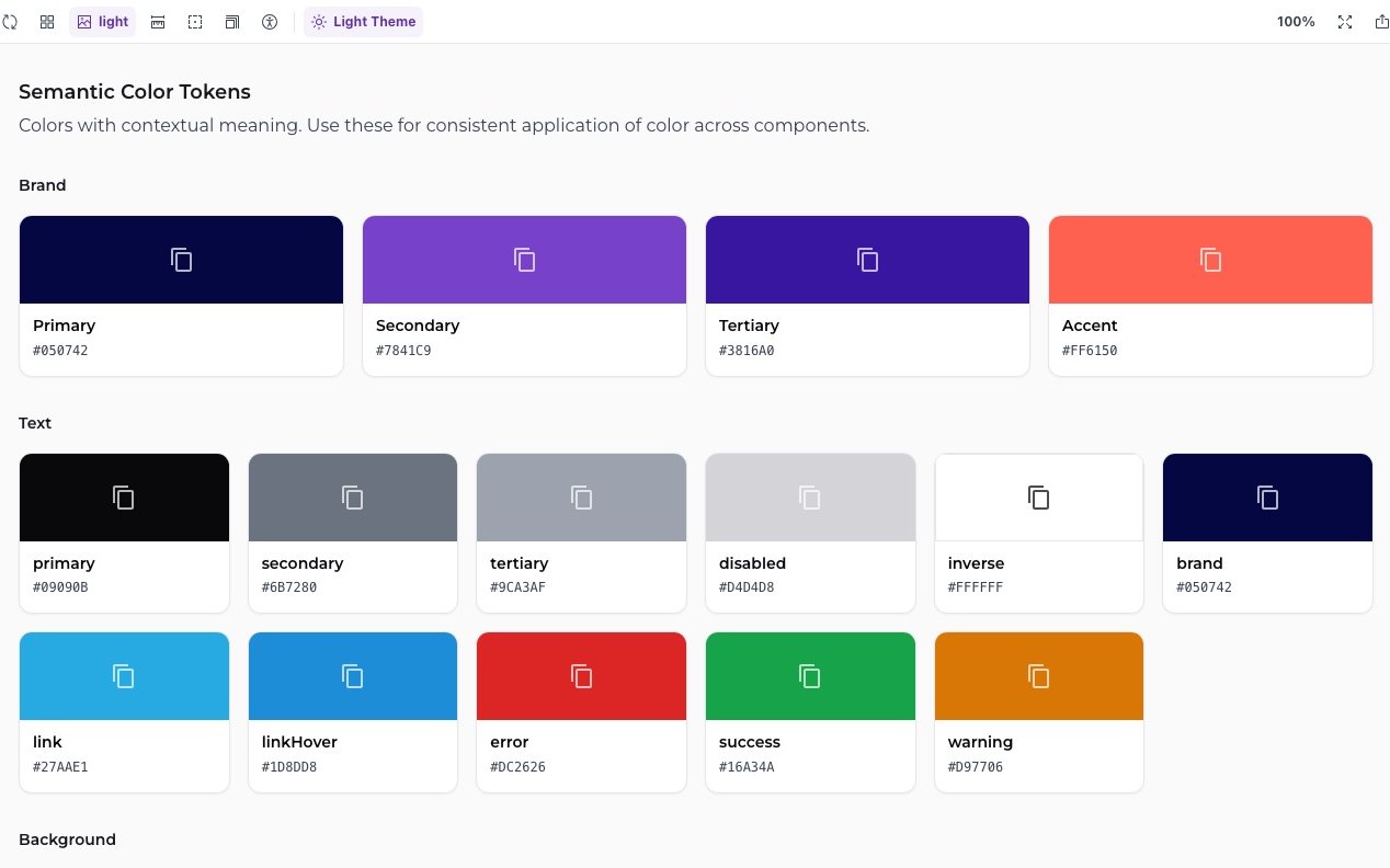 Semantic Color Tokens in the Trinity Storybook — Brand swatches (navy, purple, indigo, coral) and Text swatches from primary to warning, each labelled with its token name and hex value.