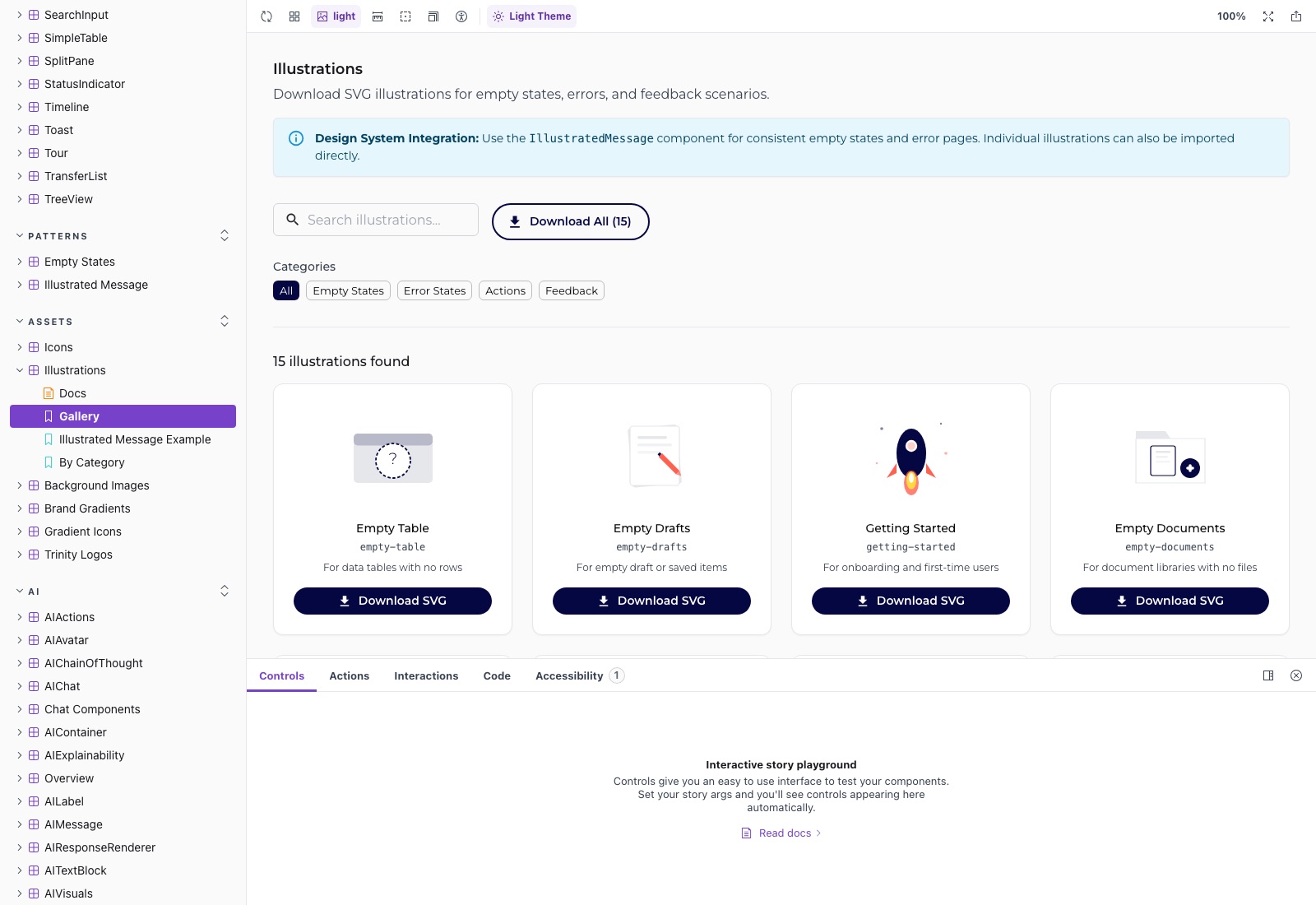 Illustration gallery — the illustration set shipped with the system, grouped by category.