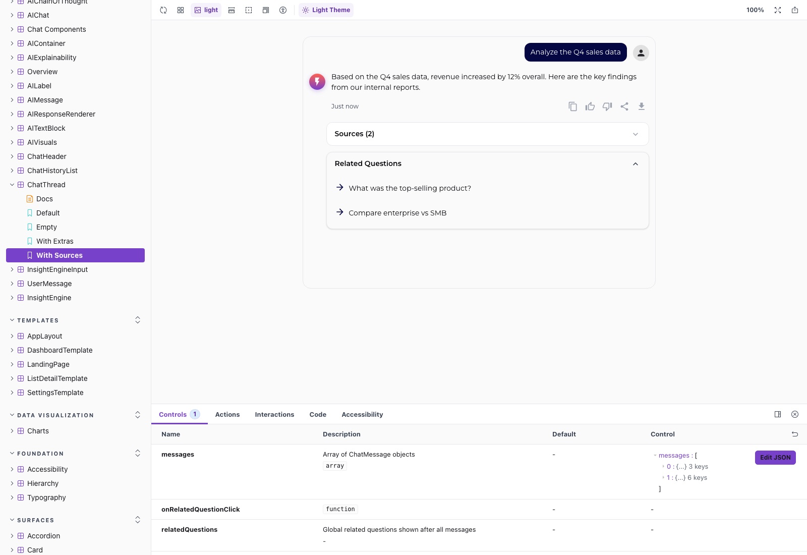 ChatThread with sources — an AI answer carrying a collapsible sources panel and related questions, with the component's full API below.