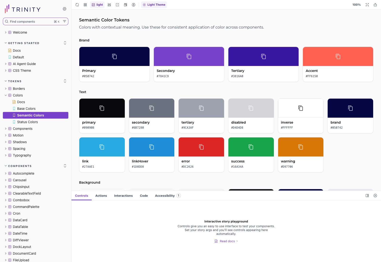 Trinity Design System in Storybook — semantic colour tokens beside the full token and component tree
