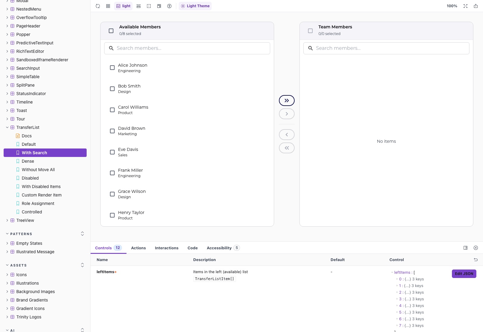 TransferList with search — a dense two-pane selection component from the data module.