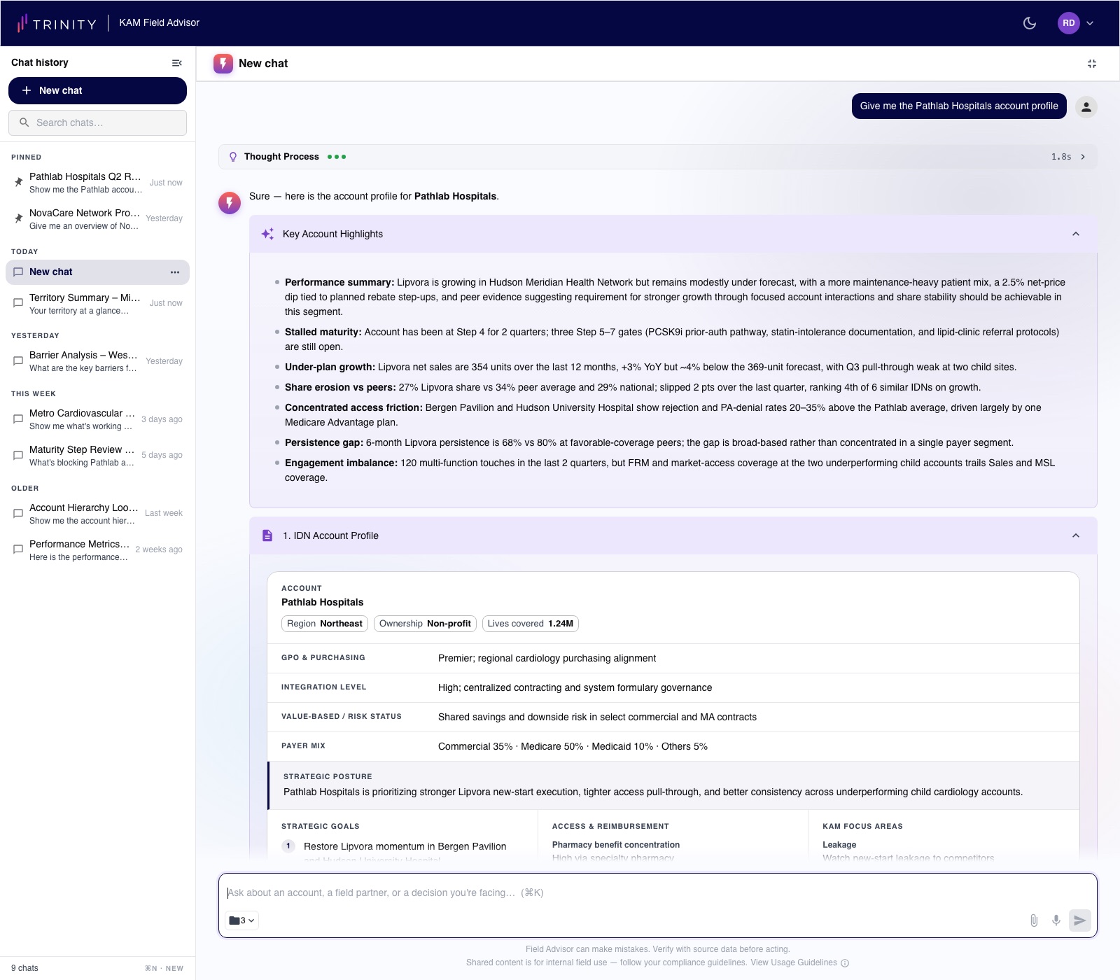 KAM Field Advisor — an account question answered with a reasoning chain and structured data modules in the conversation