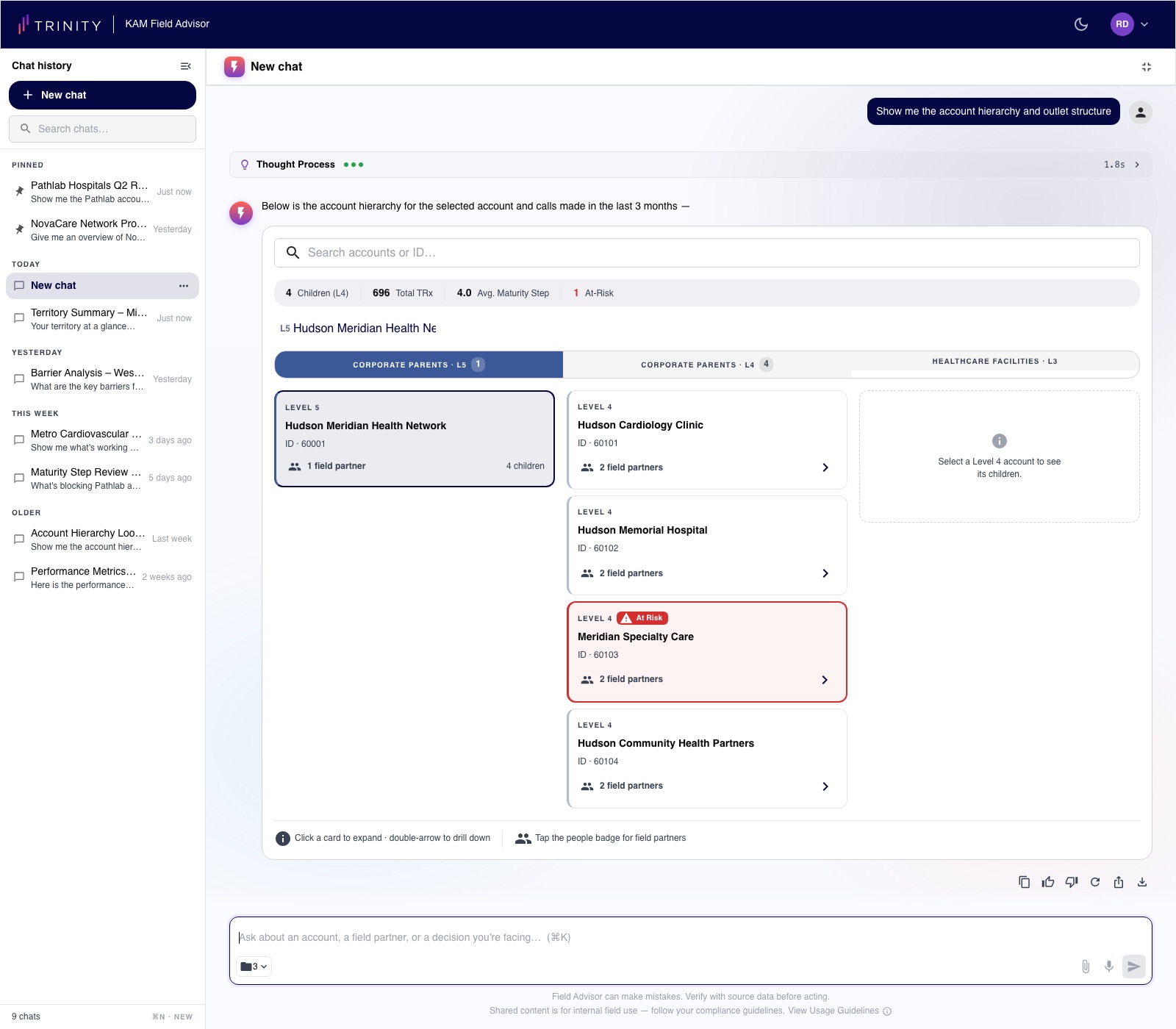Account hierarchy module — parent and child accounts across levels 5, 4, and 3, with field-partner counts and at-risk flags.