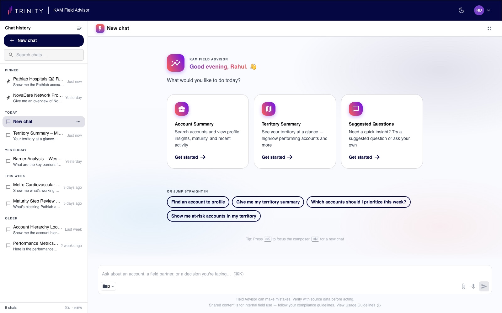 The copilot's entry point — account summary, territory summary, and suggested questions, with a free-text composer below.