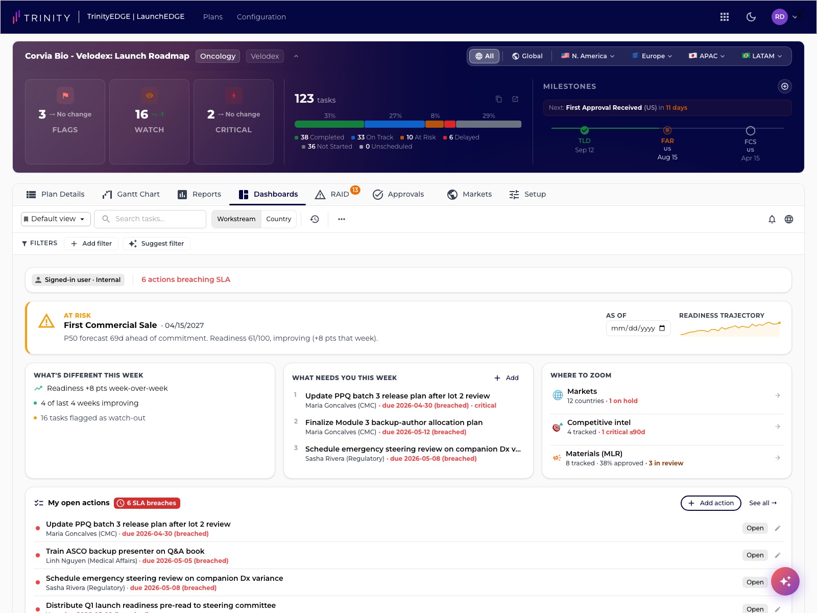 Dashboards view — launch health summarised for a steering audience.