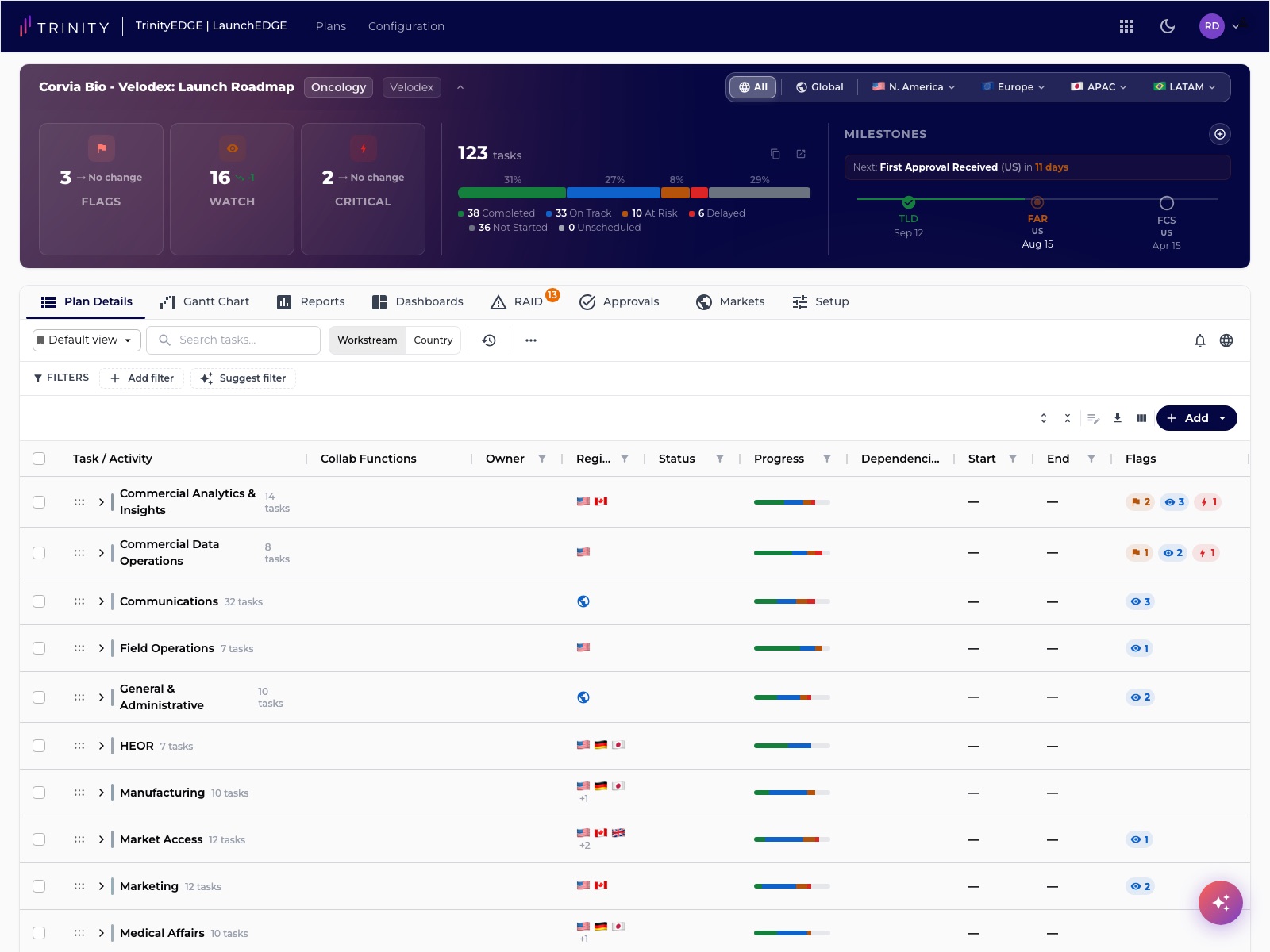 A Launch Accelerator plan — risk counts and milestone track above workstreams and tasks