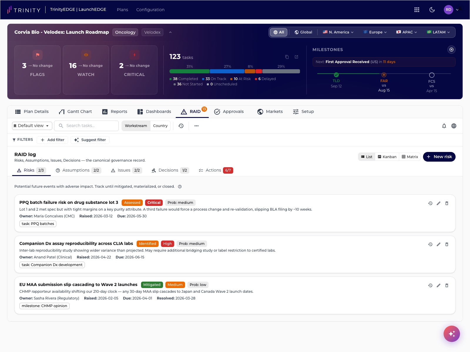 RAID register — risks, assumptions, issues, and dependencies tracked against the plan.