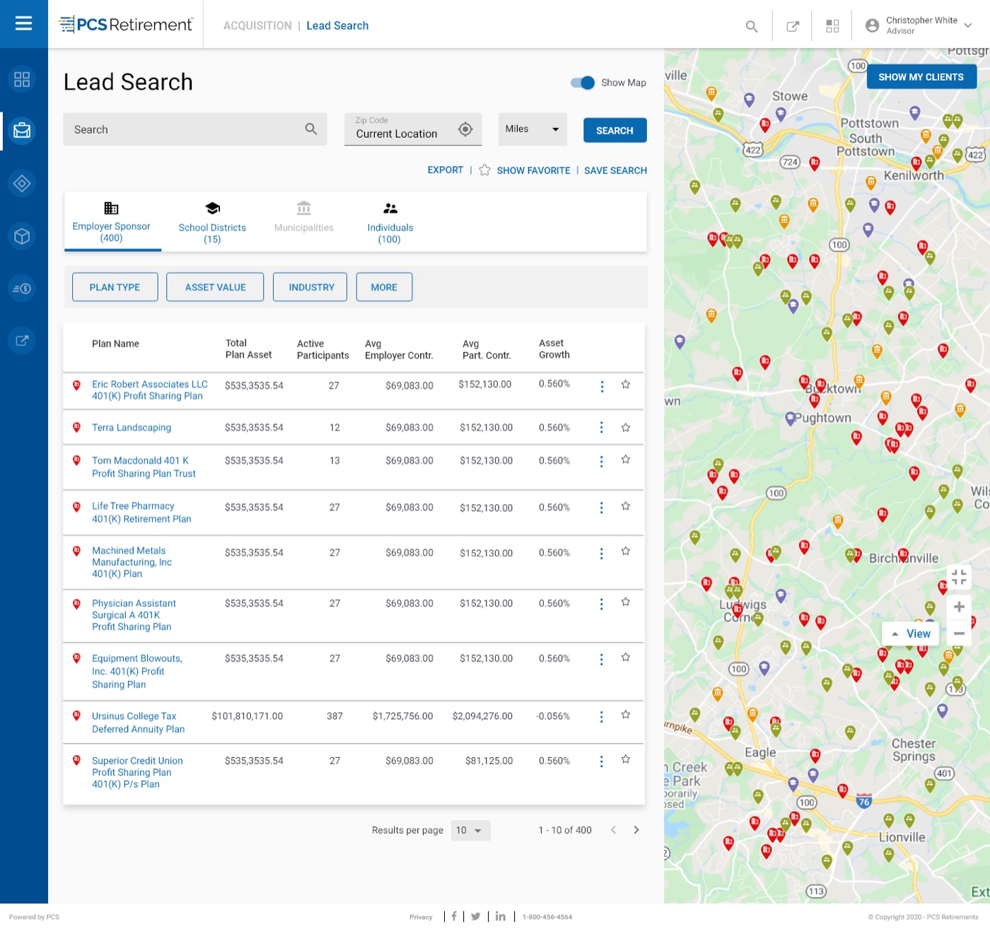Acquisition — lead search over a map