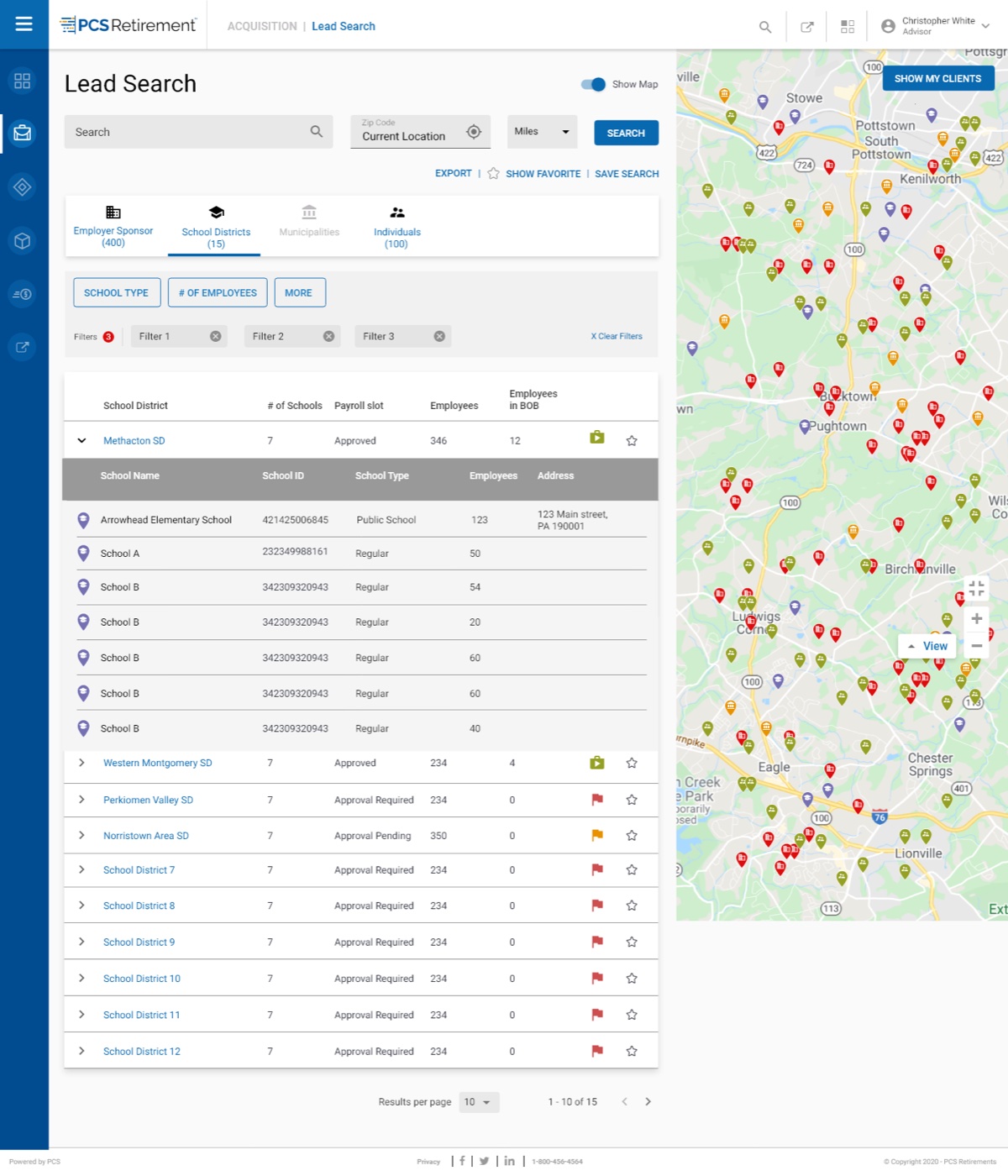 Acquisition — lead search results and map pins
