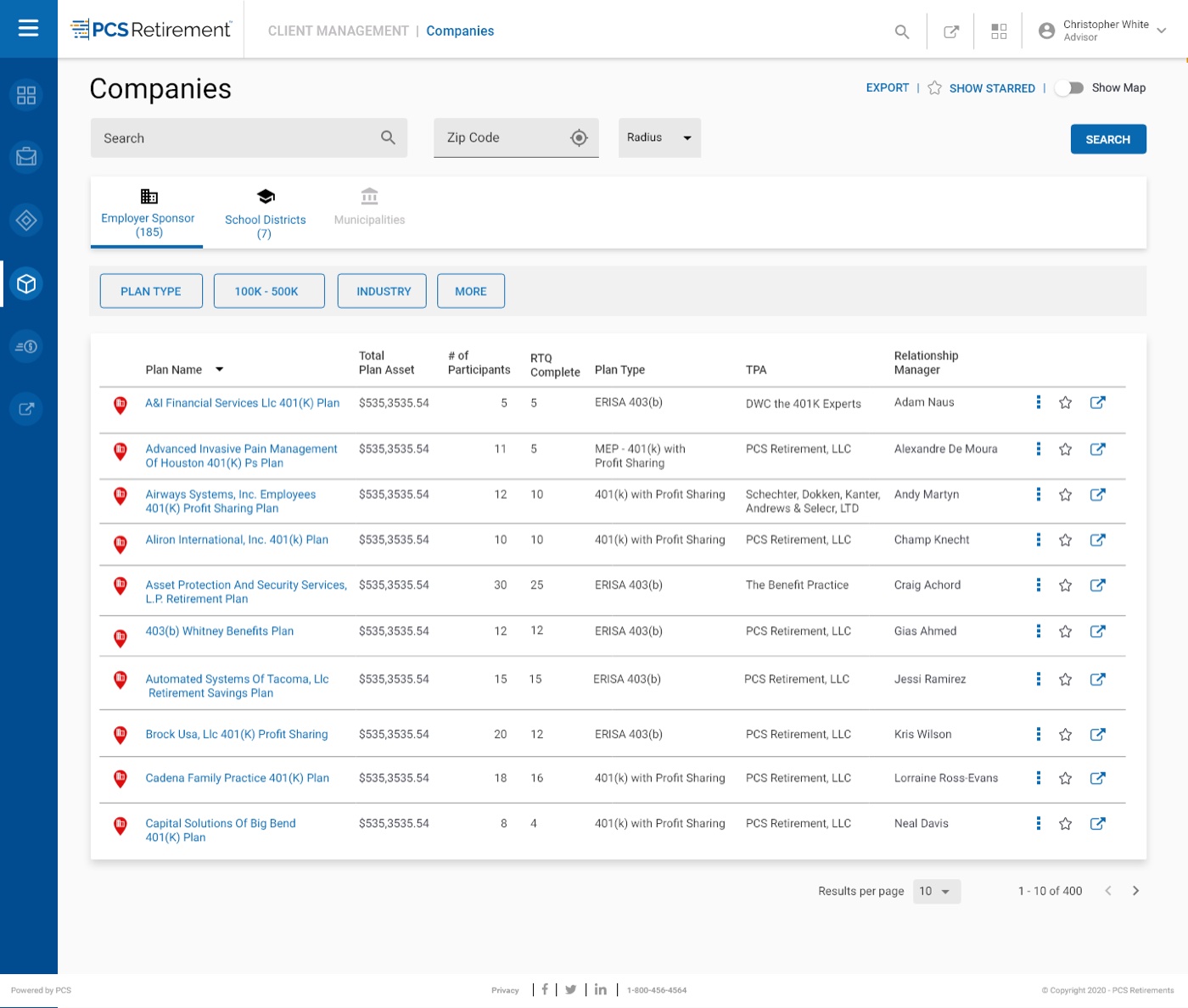 Client Management — client data table