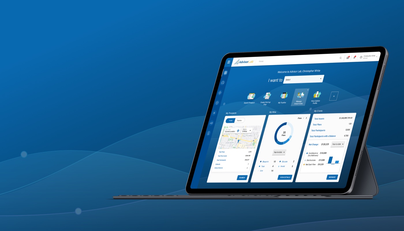Advisor Lab home screen on tablet — prospects, wins, and client book of business in one view