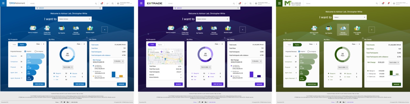 The same portal rendered in three different client brand themes.