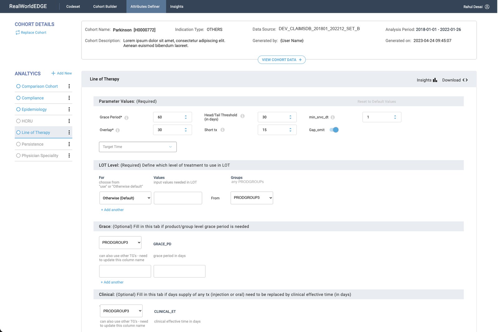 Line of Therapy configuration — grace period, overlap, head/tail threshold and short-treatment parameters, each with an explanatory tooltip, above optional grace and clinical override tables.