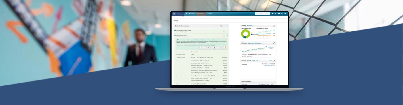 SEI Model Management & Trading — strategy detail with asset allocation and performance panels