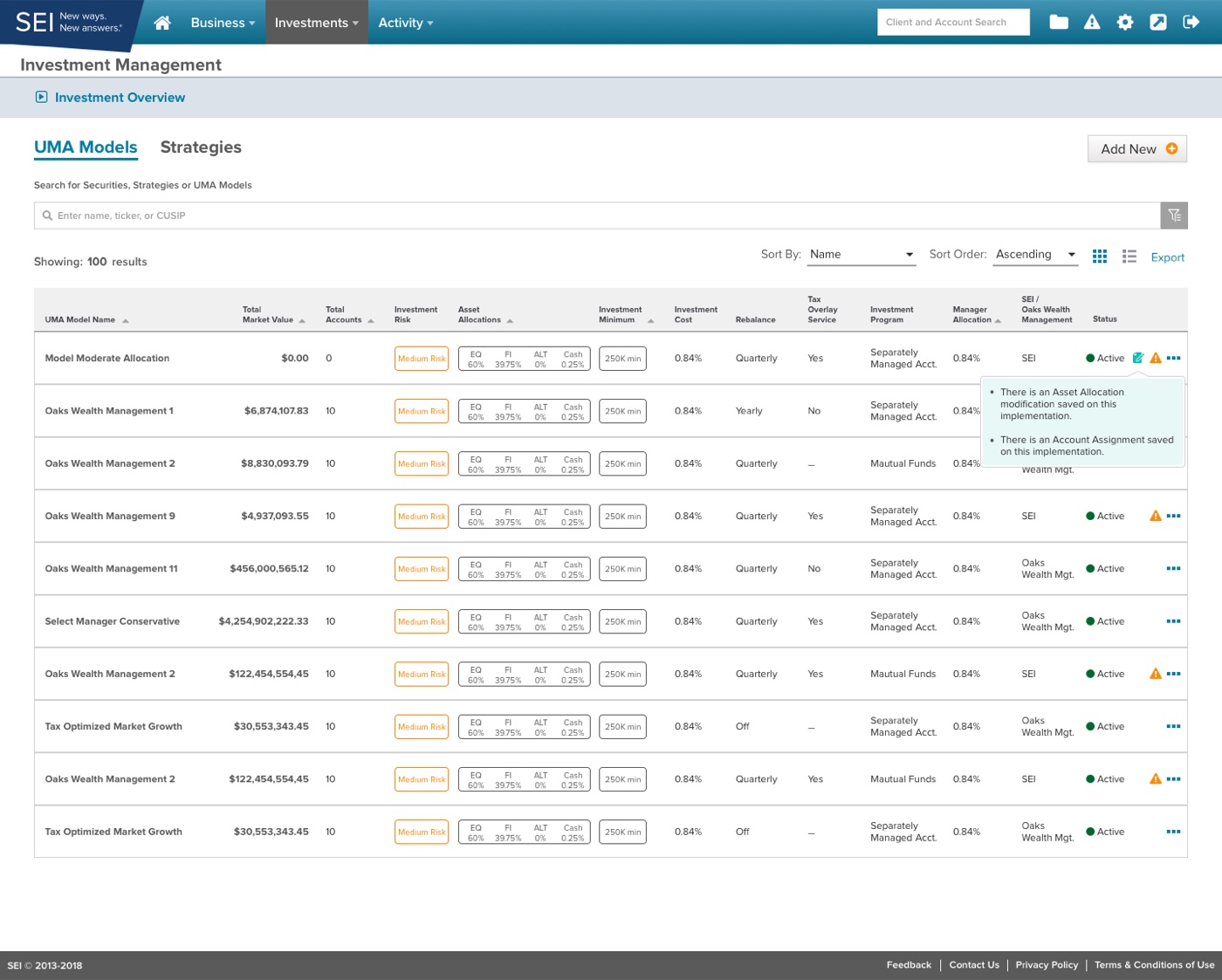 Investment management screen